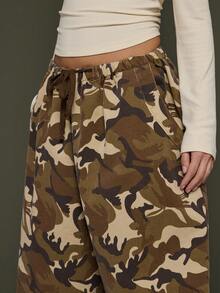 COUREZ 迷彩树印花宽松灯笼裤 Y2K 复古 100% 棉质森林风超大宽松秋冬 Gorpcore 女式下装水洗迷彩 - 棕色 - 查看 7