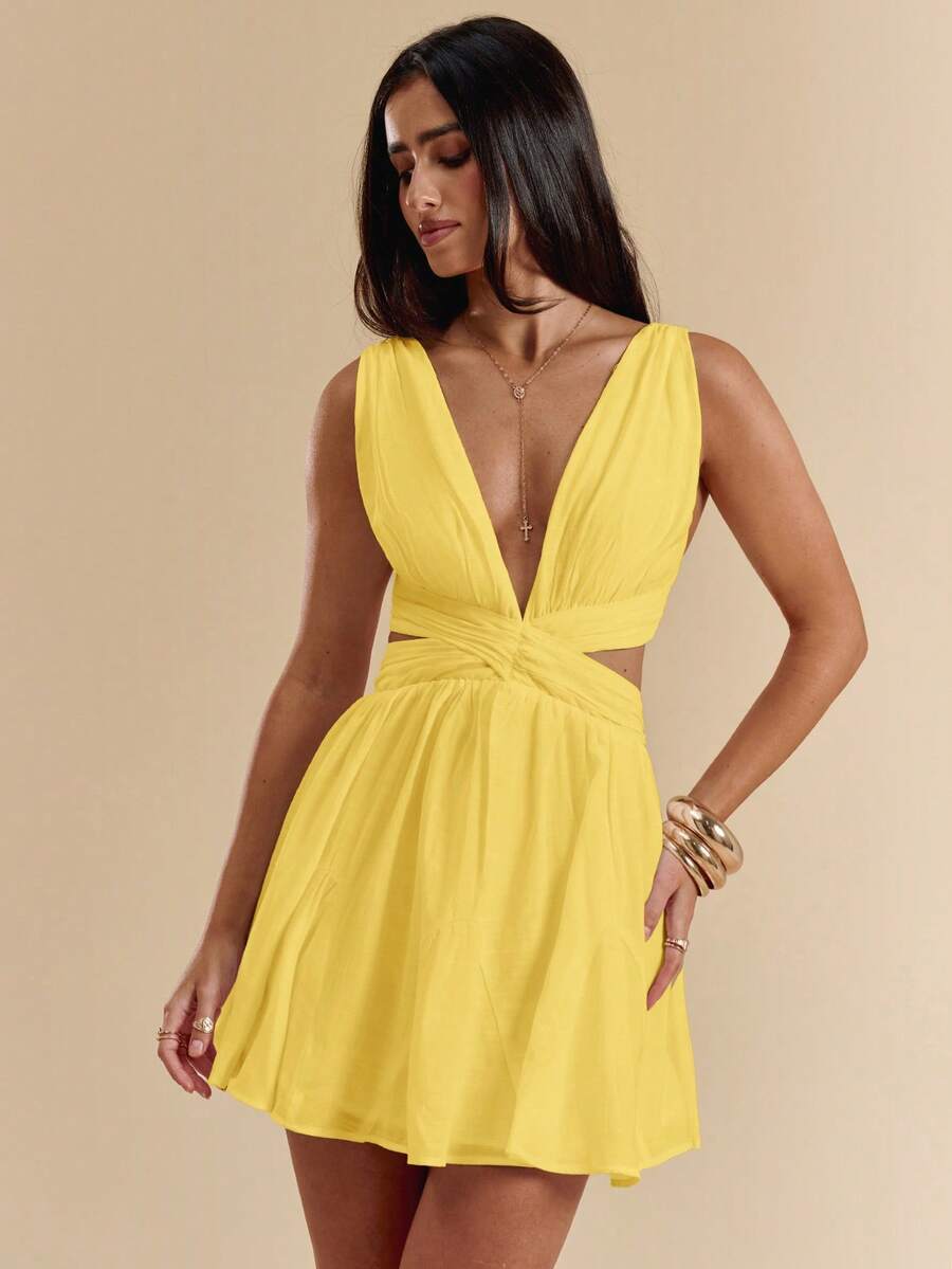 SHEIN BAE 白色雪纺V领露背系带迷你连衣裙，白色连衣裙，毕业礼服，度假连衣裙，春夏款 - 黃色 - 查看 1