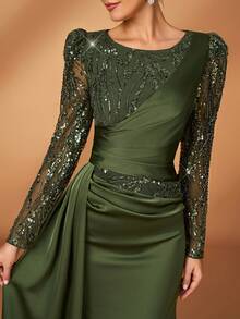 Serin 亮片拼接羊腿袖褶裥设计拼接缎带优雅新娘母亲礼服 - 墨綠色 - 查看 3