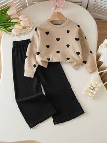 Genkimix Kids Young Girls Heart Pattern Knitted Sweater Long Sleeve Top And Leggings Set, Fashionable And Cute, Autumn/Winter Girls Sweater Sets Winter Young Girls Sets Two Pieces Pants Set Kids Girl Long Sleeves Outfits Girl S Spring And Autumn Suit Girl Knit Set Two Pieces Pants Set Girls Knit Set Knit Set Kids Knit Long Sleeve Set Sweater Set Girls Sweater Sets Winter Young Girls Sets Girl Clothes Autumn And Winter Clothes Girl Knit Set Little Girls Pants Set Girls Sweater Sets Winter Young Girls Sets 2pcs Set Toddler Girls Girl S Spring And Autumn Suit Girl Knit Set Girls Spring And Autumn Suit Girl Spring And Autumn Suit - Khaki - View 1