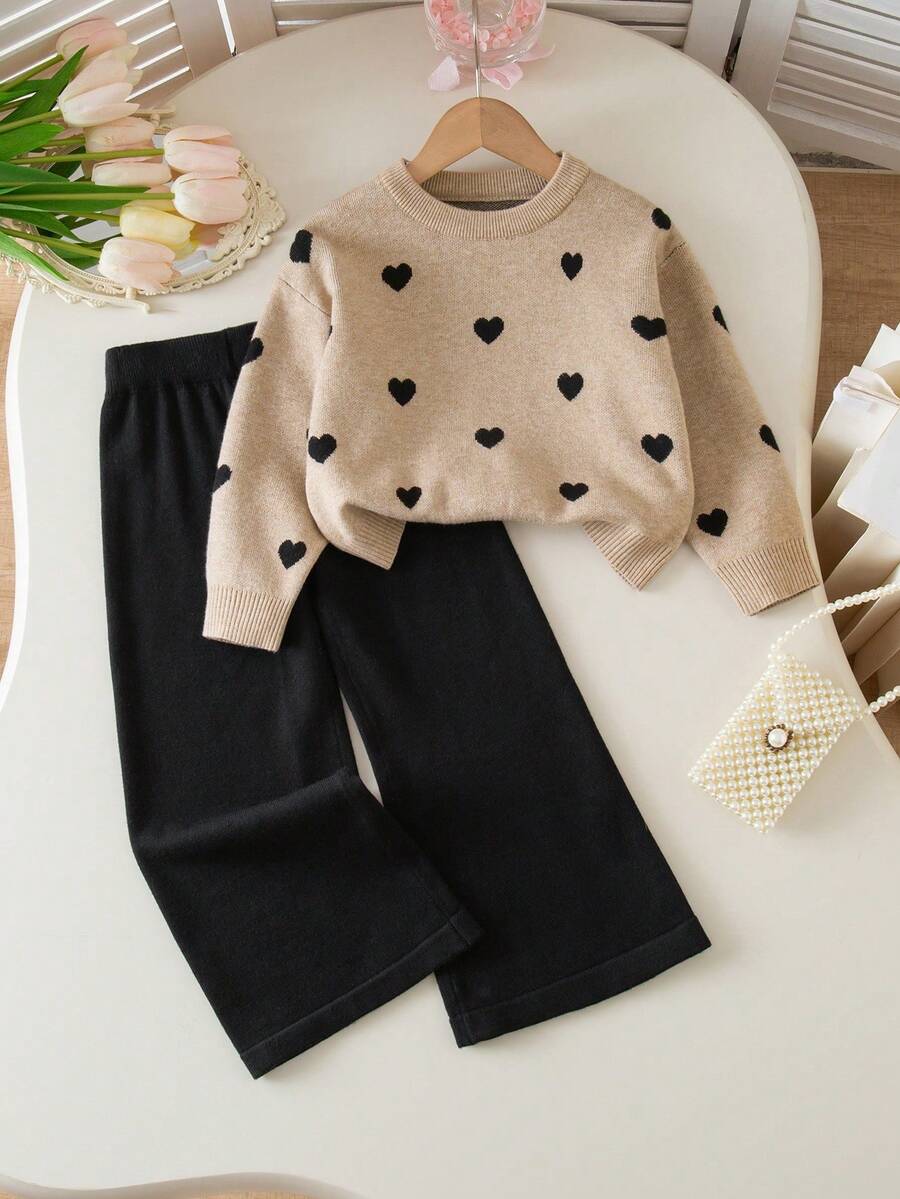 Genkimix Kids Young Girls Heart Pattern Knitted Sweater Long Sleeve Top And Leggings Set, Fashionable And Cute, Autumn/Winter Girls Sweater Sets Winter Young Girls Sets Two Pieces Pants Set Kids Girl Long Sleeves Outfits Girl S Spring And Autumn Suit Girl Knit Set Two Pieces Pants Set Girls Knit Set Knit Set Kids Knit Long Sleeve Set Sweater Set Girls Sweater Sets Winter Young Girls Sets Girl Clothes Autumn And Winter Clothes Girl Knit Set Little Girls Pants Set Girls Sweater Sets Winter Young Girls Sets 2pcs Set Toddler Girls Girl S Spring And Autumn Suit Girl Knit Set Girls Spring And Autumn Suit Girl Spring And Autumn Suit - Khaki - View 1