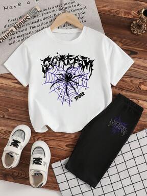 סט חולצת טי לבנה עם צווארון עגול ושרוולים קצרים ומכנסיים קצרים סריג שחורים לבנות, הדפס אותיות ועכביש, מתאים לאביב ולקיץ