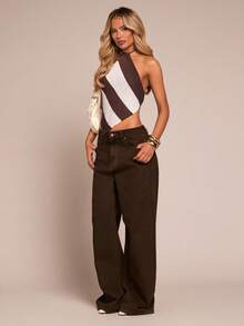 Glamine Women's Striped Asymmetric Hem Fashionable Halter Neck Knit Top - Brown - View 5