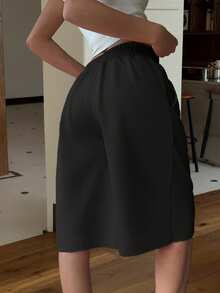 Muchica 女士抽绳腰部黑色针织阔腿百慕大短裤，休闲 - 黑色 - 查看 2