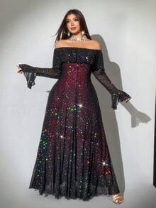 Viva Relle Vestido negro sexy de talla grande con hombros descubiertos y malla con lentejuelas, rojo para fiesta de Navidad - Negro - Ver 3