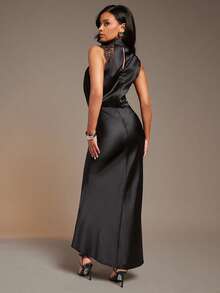 L'Amorae Women Asymmetrical Mock Neck Draped Front Satin Midi Dress With Lace Inset - Black - View 3