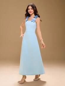 Teen Girl Elegant Minimalist Fashion Sleeveless High Waist Long Solid Color Textured Fabric Blue Maxi Dress With Padded Floral Decor, Suitable For Graduation, Prom, Casual, Vacation - Blue - View 4