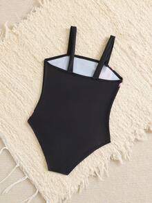 女童连体泳衣，大碎花印花，适合游泳和度假，夏季 - 黑色 - 查看 3