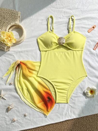 SHEIN 2pcs/Set Teenage Girls' Fashion Minimalist Special Fabric Ribbed Shell Gold Decor Positioning Print Romper Swimsuit, Essential For Summer Beach Vacation Kids Swimsuit​ Children's Swimwear