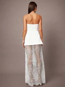 Silquee 2pcs/Set Black Cropped Bustier Top And Lace Hem Mini Skirt, Suitable For Dates, Graduations, Concerts, Bridesmaid Dresses, Weddings, Romantic Occasions, Minimalist Style, Elegant Outfit For Daily Wear - White - View 2