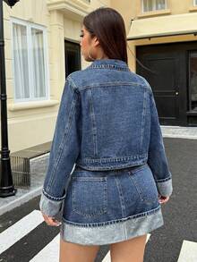 SHEIN ICON Plus Size Vintage Rolled Cuff Denim Jacket - Medium Wash - View 2