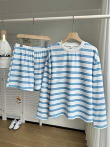 3-Piece Light Blue & White Striped Sporty Outfit Set, Casual Style Suitable For School, Sports Activities And Outdoor Wear, Spring/Summer/Autumn