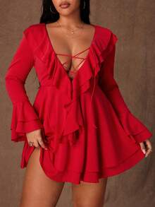 Rustia Valentine Sexy Ruffle Tie Strap Bodycon Mini Dress, Unique Design, Slimming Fit, Long Sleeve, Vacation Style - Red - View 4