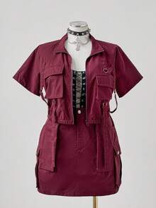 Sunspun Plus Size Women's Solid Color Utility Pocket Zip Front Shirt And Mini Skirt Chic Outfit - Burgundy - View 3