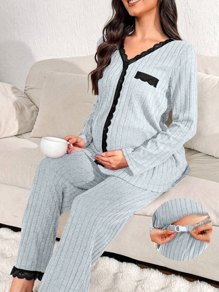 Moonlight&Mama 2pcs Maternity Lace Patchwork Casual Sleepwear Set, Long Sleeve Cardigan And Pants
