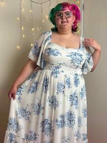 Enliva 大码波西米亚风女式复古蓝白花卉印花荷叶边袖松紧腰连衣裙，休闲沙滩夏装，毕业礼服挤奶女工礼服，女士紧身胸衣连衣裙 - 藍白色 - 查看 3