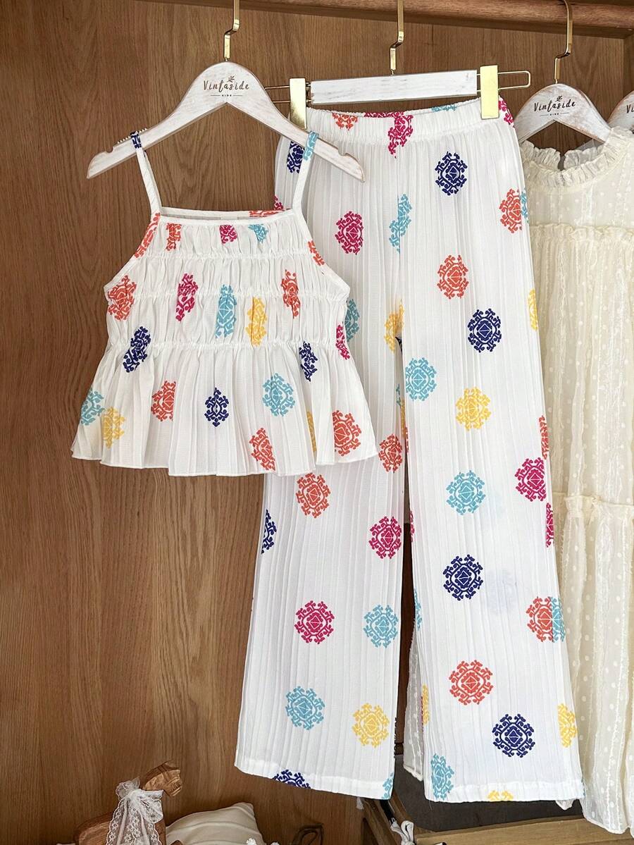 SHEIN Vintaside Kids 少女休闲甜美褶皱纹理松紧吊带背心搭配宽松阔腿裤两件套，适合日常、度假、姐妹合照、春夏穿搭、假日、夏季、旅行 - 白色 - 查看 1