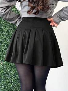 Andrea Bello Mini Skirt Zipper Solid Pleated Skirt - Black - View 2