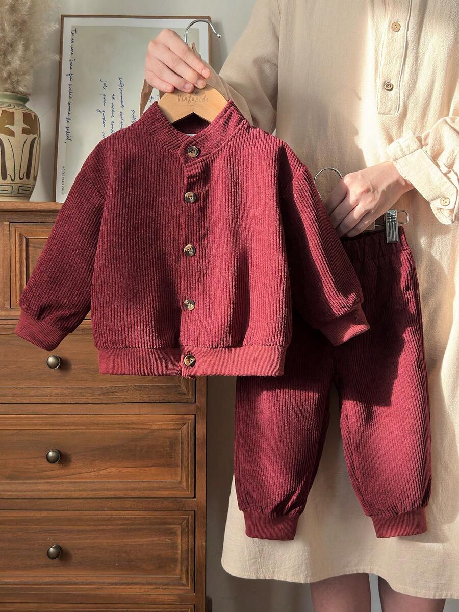 Vintaside Kids Baby Jungen Säugling/Kleinkind Jungen Herbst/Winter Stehkragen Langarm modisches hochwertiges Hemd kombiniert mit vielseitigen Lässig Hosen Set, geeignet für Zuhause Lässig, leichte Outdoor-Aktivitäten, Familienfeiern - Bordeaux - Übersicht 1