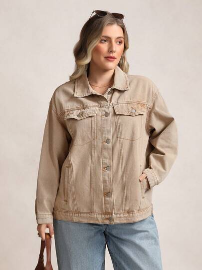 Zelara Oversized Khaki Denim Jacket, Loose Outerwear, Suitable For Autumn Retro Western Cowboy Wear Fall Clothes For Women