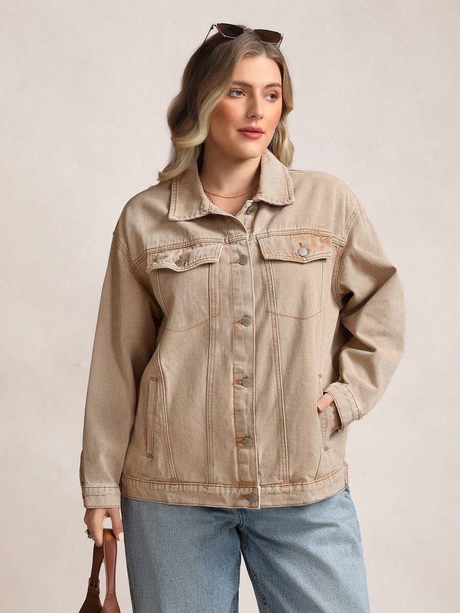 Zelara Áo khoác denim rách giặt thường ngày cỡ lớn - Màu be - Xem 1