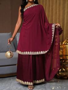 SHEIN Ladiora 女士雪纺单肩金色蕾丝刺绣披肩领长袖连衣裙，优雅奢华派对礼服，春夏款 - 酒紅色 - 查看 4