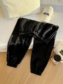 Comfortcana 加大碼實色彈性腰黑色運動長褲