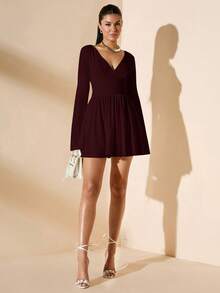 SHEIN BAE 女士纯白色简约日常性感深V领长袖荷叶边袖口收腰迷你连衣裙，秋冬款 - 紫紅色 - 查看 6