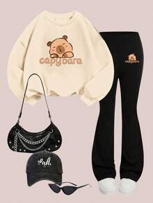 Sparklyn 2pcs Tween Girl Capybara Print Casual Loose Fit Crew Neck Long Sleeve Sweatshirt And Flare Pants Set, Suitable For Winter Wear - Multicolor - View 3