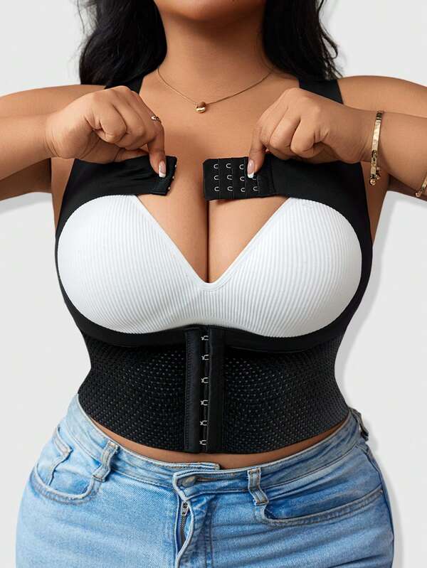 SHEIN 1 pieza Sujetador moldeador con cierre delantero sexy y calado para mujer, cinturilla moldeadora, realce de busto, fuerte soporte de espalda