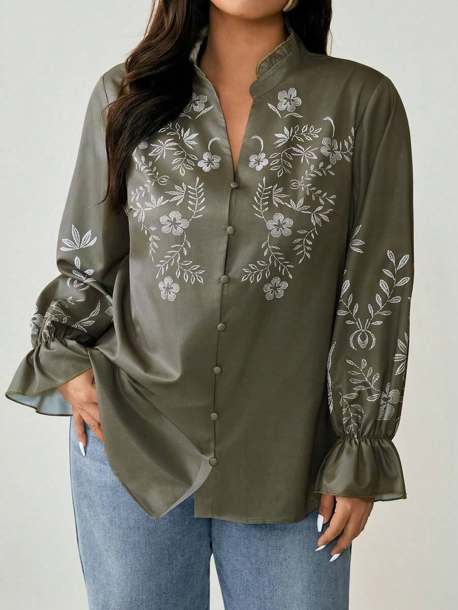 SHEIN LUNE Plus Size Embroidery Print Ruffle Collar V-Neck Button Decor Long Sleeve Ruffle Cuff Casual Shirt, Suitable For Outings, Gatherings, And Vacations - Army Green - View 1
