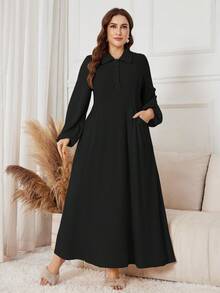 SHEIN Lacomfia 女士优雅休闲口袋半开襟领连衣裙 - 黑色 - 查看 4