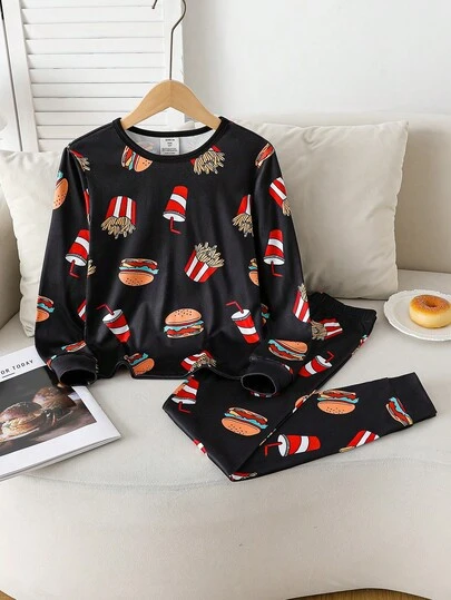 Tween BoyBlack Base Minimalist Blue Print Long Sleeve & Pants Snug Fit Pajama Set Long Sleeve Pajama Sets