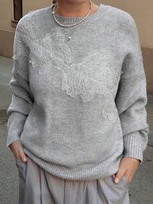 Vivie Lora Women's Loose 3D Floral Decor Sweater - Light Grey - View 2