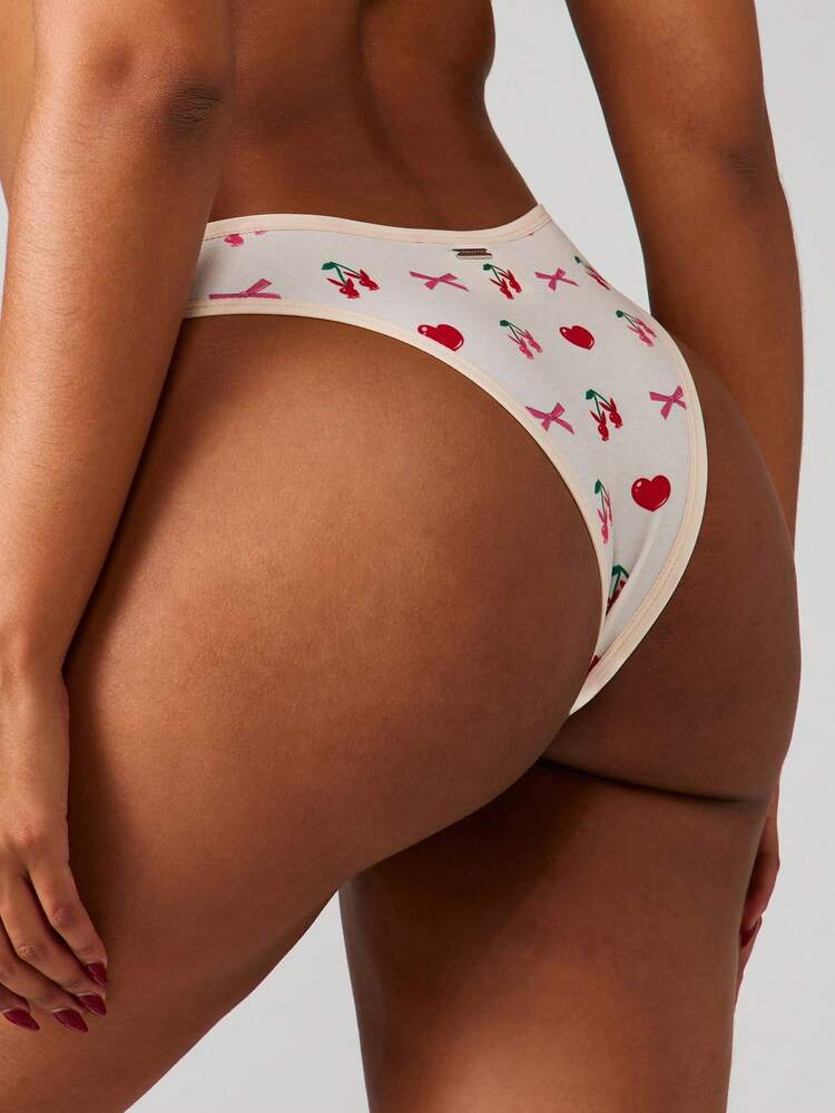 Missguided x Playboy Cherry Heart Print High Waisted Thong Stretch Panties Women Intimate Underwear Brief Cute Fruity Pattern Summer