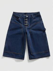 ROMWE MEN Essentials Men's Casual Washed Wide Leg Capri Jeans - Navy Blue - View 1