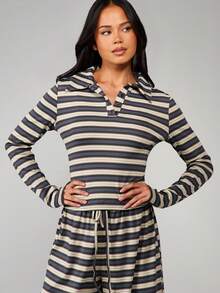 MISSGUIDED Horizontal Striped Long Sleeve Button Front Collared Top With Drawstring Waist And Chest Pocket Detail - Multicolor - View 5