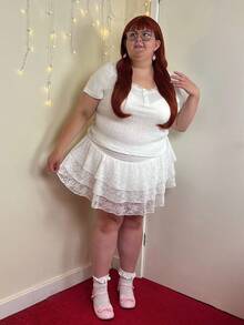 Enliva Abidrinkell Plus Size White Lace Decor Knit Jacquard Short Sleeve T-Shirt, For Apple Rounded Body Shape - White - View 3