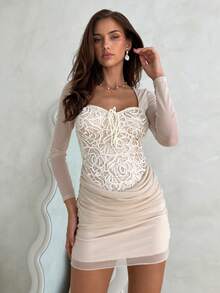 Aloruh New Romantic Sexy Low-Cut Mesh Splice Sequin Embellished Long Sleeve Mini Dress - Apricot - View 8
