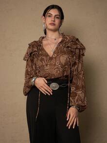 Freevana Blusa de manga farol con cuello de lazo, volantes y estampado floral de anacardo para mujer de talla grande, en color marrón, estilo bohemio, ropa de mujer de estilo campestre con estampado de paisley