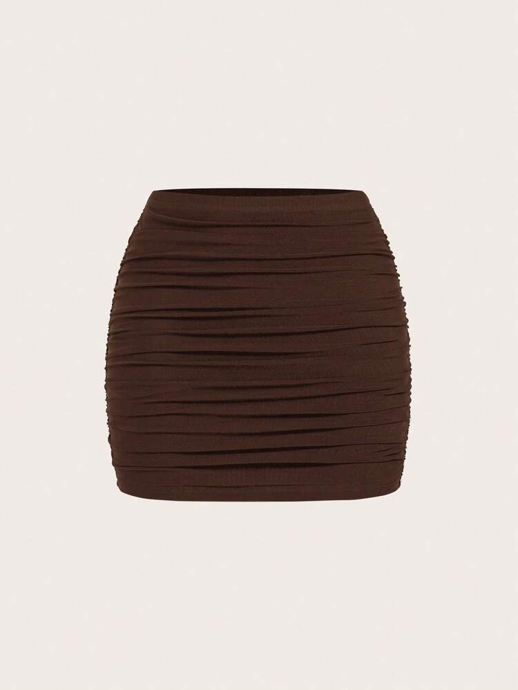 SHEIN EZwear 棕黑色网纱褶皱修身迷你裙（女款） - 彩色 - 查看 5