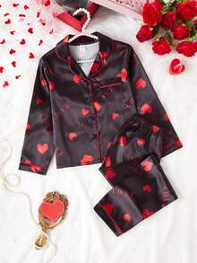 Girls' Heart & Love Print Faux Silk Pajama Set - Black - View 1