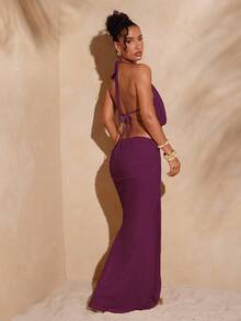 Hauture Bộ đồ đi nghỉ gợi cảm gồm áo hở ngực, áo hai dây buộc hai bên màu trơn và chân váy xếp ly bồng bềnh hở lưng cho nữ - Màu tím - Xem 5