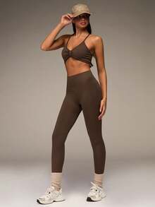 SHEIN BAE Women's Plain Backless Halter-Neck Top And Sports Leggings Set Workout Women Sets - Coffee Brown - View 3