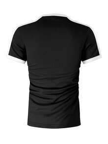 Manfinity 男士休闲撞色条纹圆领T恤 - 黑色 - 查看 2