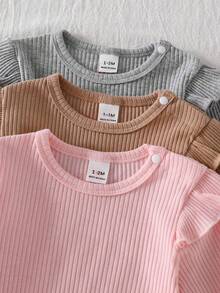 Newborn Baby Pajamas-3 PiecesPajama Ribbed Ruffle Shoulder Round Neck Long Sleeve Footed Romper Newborn Pajama One Piece Neutral Pink Grey Beige Four Season Holiday 2026 Essential Gentle Stretch Comfortable Cozy Everyday Sleep Play Outfit Gift Parent Favorite - Multicolor - View 5
