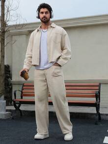 DAZY Solid Color Beige Soft Washed Vintage Denim Men's Jacket Set, Autumn - Beige - View 4