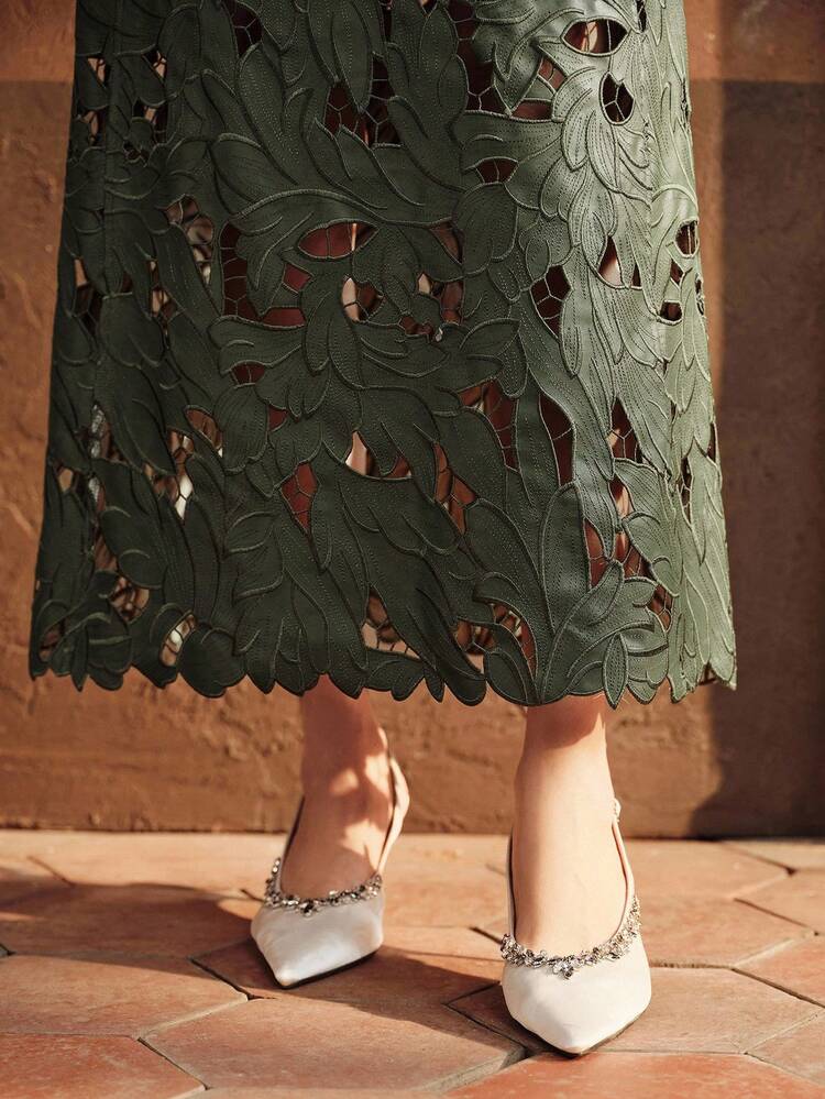 Elegant French Vintage Women's Green Leather Skirt With 3D Floral Cutout Hem, Long A-Line Skirt