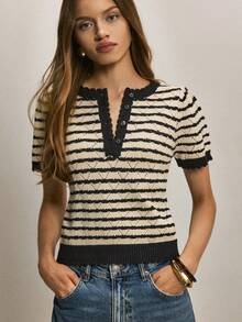 ATUI Studio Women's Striped Ruffle Button Half Placket Casual Commuter Knit Short Sleeve Top - Apricot - View 2