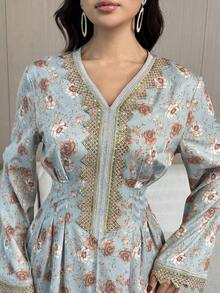 Al Najma 女士V领印花亮片装饰日常休闲阿拉伯风格连衣裙 - 彩色 - 查看 4